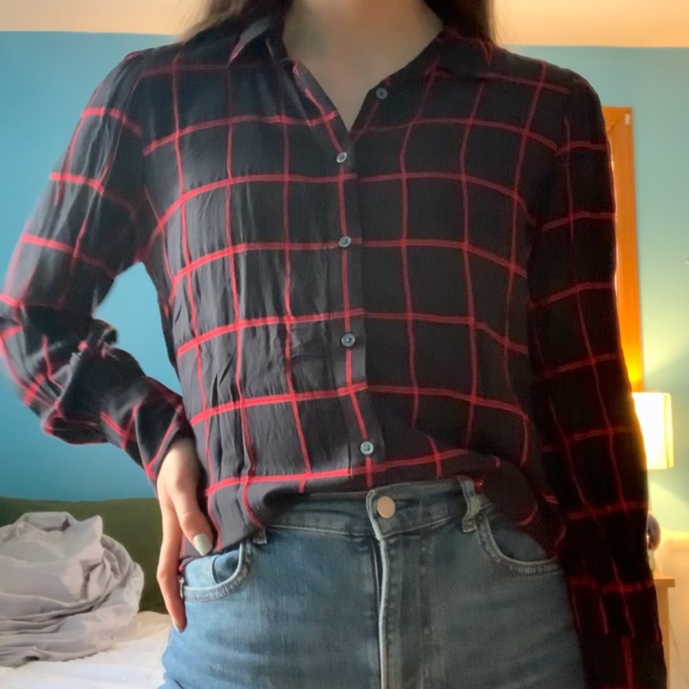 Windowpane Button Up Blouse (LOFT)
